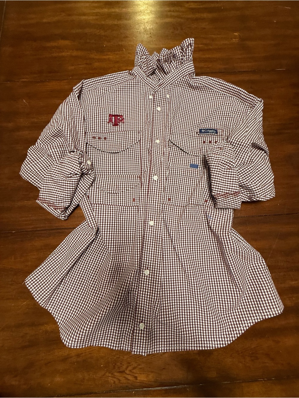 Columbia Maroon and White Texas A&M Gingham Button-Down Fishing Shirt